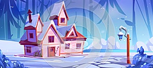 Pink rural house on forest glade near frozen lake