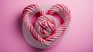 A pink sailor\'s rope rolled into a heart shape held by female hands by the sea. Heart-shaped sailor knots.