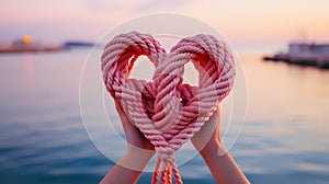 A pink sailor\'s rope rolled into a heart shape held by female hands by the sea. Heart-shaped sailor knots.