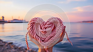 A pink sailor\'s rope rolled into a heart shape held by female hands by the sea. Heart-shaped sailor knots.