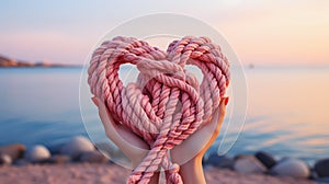 A pink sailor\'s rope rolled into a heart shape held by female hands by the sea. Heart-shaped sailor knots.