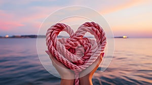 A pink sailor\'s rope rolled into a heart shape held by female hands by the sea. Heart-shaped sailor knots.