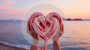 A pink sailor\'s rope rolled into a heart shape held by female hands by the sea. Heart-shaped sailor knots.