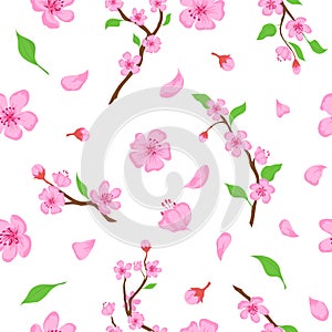 Pink sakura blossom flowers, petals and branches seamless pattern. Japanese spring cherry blooming print. Romantic