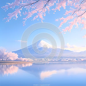 Pink Sakura Blossoms at Mount Fuji Horizon, Japan