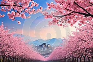 Pink Sakura flowers - beautiful cherry blossoms against the blue sky. Spring blossoms against the backdrop of the mountains