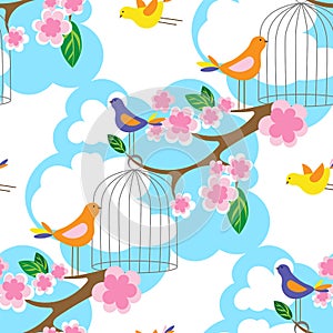 Pink sakura flowers, colorful birds, cage and blue sky. Spring seamless pattern. Flat cartoon style background
