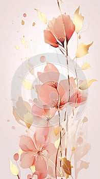 Pink sakura flowers with golden leaves and sparkles. Abstract watercolor background. Floral art. Copy space. Minimalist
