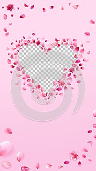 Pink sakura heart valentines day story template. Rose petals png frame isolated on pink background.