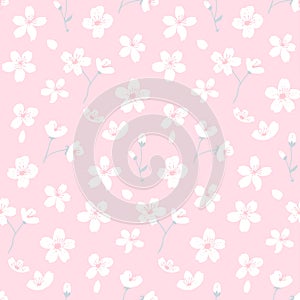 Pink sakura seamless pattern, girlish background with white flowers. Simple and cute texture with petals and blossom.