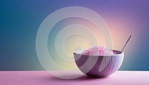 Pink salt in a bowl on pink and blue background with copy space