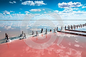 Pink salt lake and sky with white clouds reflected in the water sueface
