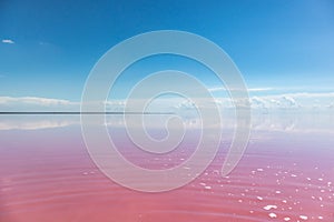 Pink salt lake vibrant water with clear blue sky
