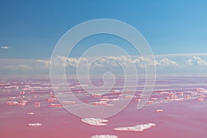 Pink salt lake water close-up with cloudy blue sky