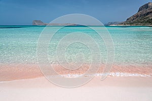 Pink sand on Balos beach and Gramvousa island near Kissamos in Crete Greece