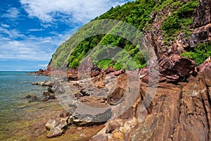 pink sandstone rocks by sea coast in Kung Krabaen, Chanthaburi