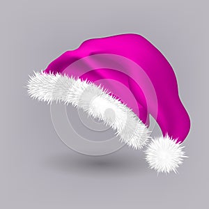 Pink Santa Hat Vector. Snow Clothing. Celebration Object. Seasonal Accessory. Santa Claus Holiday Pink And White Cap