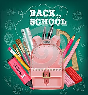 Pink satchel back to school card Vector realistic. Chalk board background. Detailed 3d illustrations