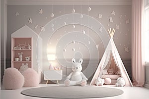 Pink scandinavian interior kids\' bedroom with toys an dolls AI generated