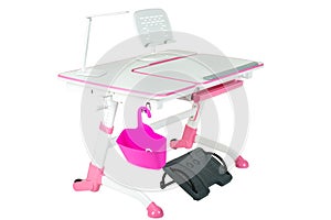 Pink school desk, pink basket, desk lamp and black support under legs