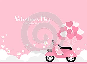 Pink scooter with heart shape balloons, flowers and cloud with your copy space.