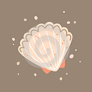 Pink sea shell, scallop. Vector flat illustration