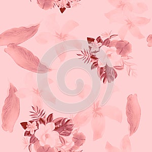 Pink Seamless Exotic. White Pattern Hibiscus. Gray Tropical Leaf. Coral Flower Textile. Flora Hibiscus. Watercolor Background.