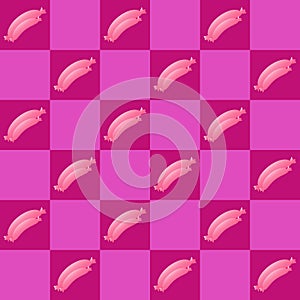 Pink seamless pattern. Fast food, two pink sausages stacked in a checkerboard pattern. Square color alternating dark and light.