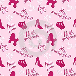 PINK SEAMLESS PATTERN FOR GIRLS , GIRLY ICONS PATTERN WITH FUNNY GIRLY CUTE QUOTES FOR GIRLS ON PINK BACKGROUND