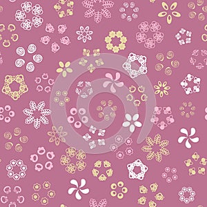 Pink seamless pattern with gold, white, pink flowers.