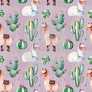 Pink seamless pattern with green watercolor cactus,succulents, multicolored flowers and cute llamas