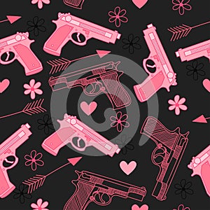 Pink seamless pattern with guns,love, arrow, hearts and flowers.