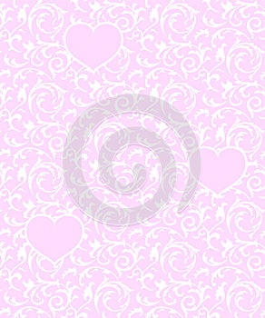 Pink seamless pattern with hearts and white floral element. Baroque Valentines day love vector background.