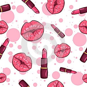Pink seamless pattern with lips and lipstick. Feminine repetitive background