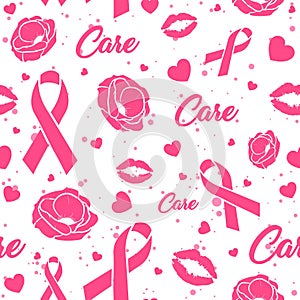 Pink seamless pattern with ribbons, kisses and flowers. Feminine repeat background about support and raising awareness