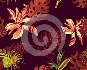 Pink Seamless Print. Red Banana Leaf Textile. Autumn Tropical Leaves. Orange Pattern Garden. Floral Background.Monstera Backdrop. photo