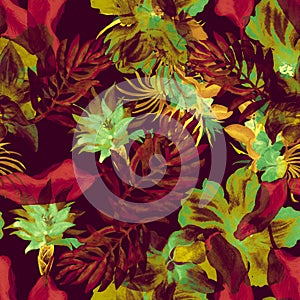 Pink Seamless Print. Red Banana Leaf Textile. Autumn Tropical Leaves. Orange Pattern Garden. Floral Background.Monstera Backdrop. photo