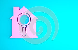 Pink Search house icon isolated on blue background. Real estate symbol of a house under magnifying glass. Minimalism