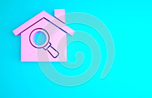 Pink Search house icon isolated on blue background. Real estate symbol of a house under magnifying glass. Minimalism