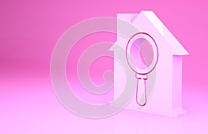 Pink Search house icon isolated on pink background. Real estate symbol of a house under magnifying glass. Minimalism