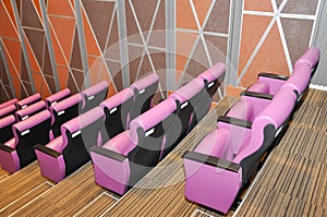 Pink seat row in modern auditorium decoration with wooden wall and floor.