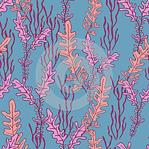 Pink seaweed on blue background seamless pattern