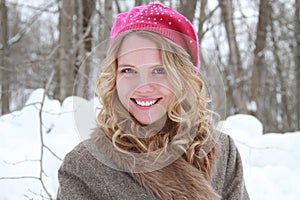 Pink Sequined Beret and Fur Jacket Coy Happy Woman