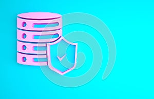 Pink Server with shield icon isolated on blue background. Protection against attacks. Network firewall, router, switch