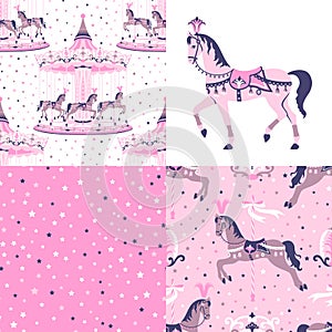Pink set of carousel seamless patterns.