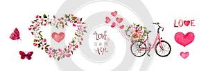 Pink set for Valentines day - bicycle with flowers, hearts, butterflies and text Love is in the air , floral frame with