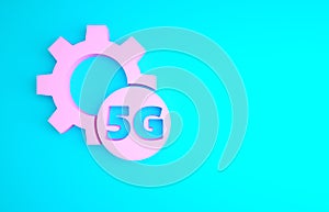 Pink Setting 5G new wireless internet wifi connection icon isolated on blue background. Global network high speed