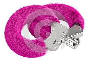 Pink fluffy handcuffs closeup, 3D rendering