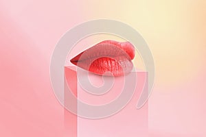 Pink Sexy Lip. Close-up Beautiful lips. A girl with beautiful plump lips, painted blue lipstic. 3d render