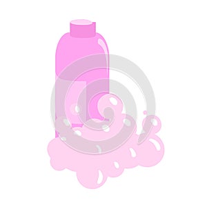 Pink shampoo bottle with foam. Cartoon design icon. Colorful flat vector illustration. Isolated on white background.